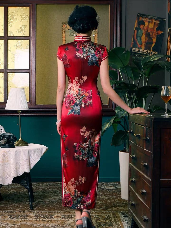 Beth and Brian Qipao-WXG 19 mome mulberry silk, floral pattern, High-end long Qipao