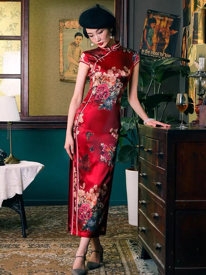Beth and Brian Qipao-WXG 19 mome mulberry silk, floral pattern, High-end long Qipao