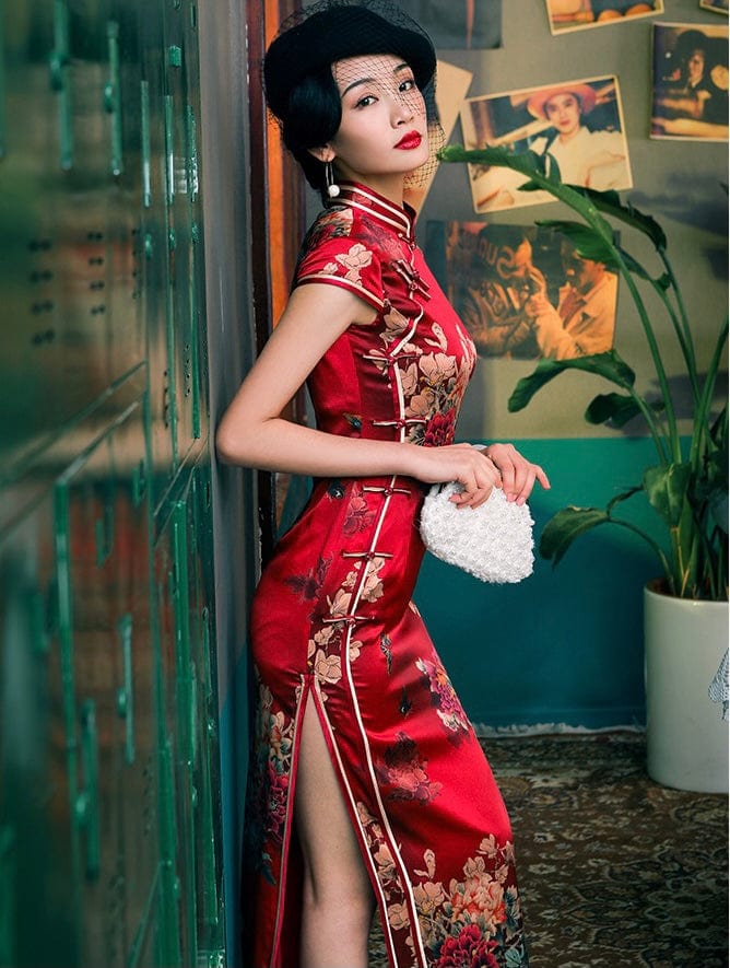 Beth and Brian Qipao-WXG 19 mome mulberry silk, floral pattern, High-end long Qipao