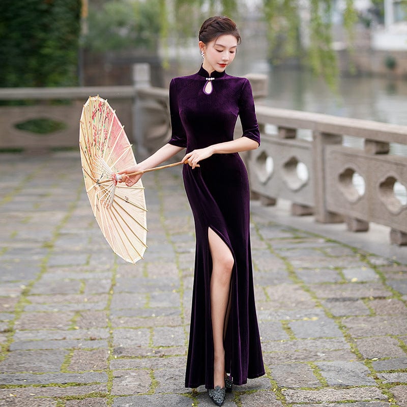 Beth and Brian Qipao - XYG Chinese retro style, velvet fabric, purple plus size Qipao
