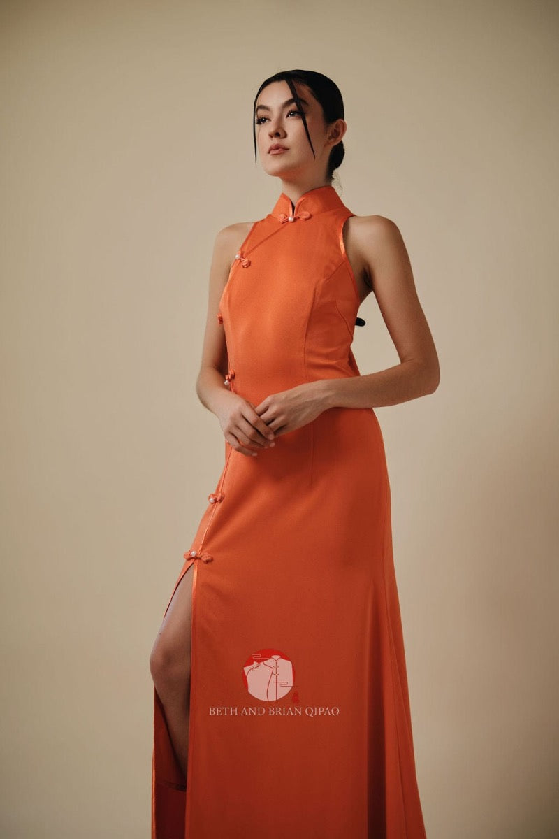 Beth and Brian Qipao-Exclusivedesigner Exclusive designer collection,  sleeveless satin long Qipao