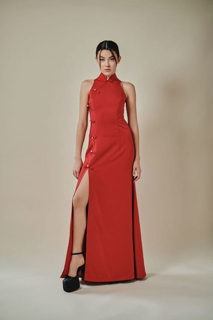Beth and Brian Qipao-Exclusivedesigner Exclusive designer collection,  sleeveless satin floor length Qipao