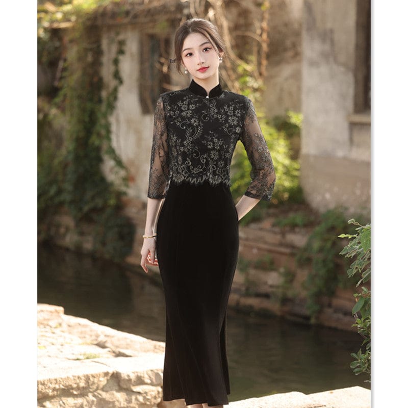 Beth and Brian Qipao-SYK New Chinese style (新中式), floral pattern, black long Cheongsam