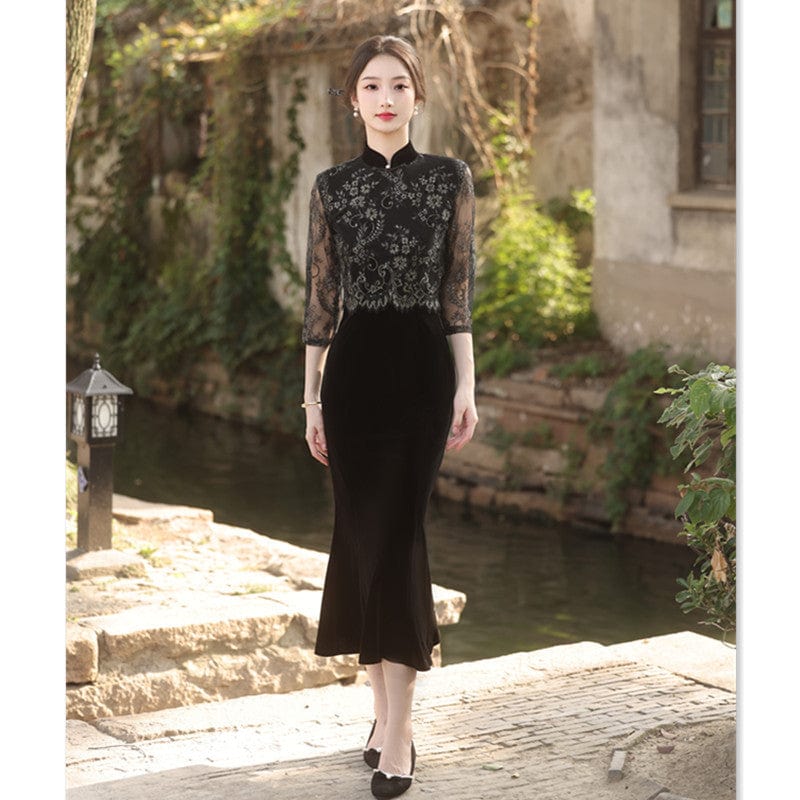 Beth and Brian Qipao-SYK New Chinese style (新中式), floral pattern, black long Cheongsam