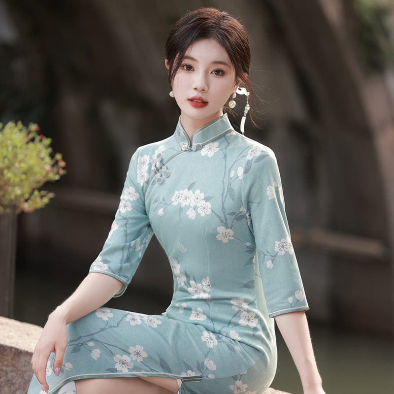 Beth and Brian Qipao-MLS Floral pattern, suede fabric midi Cheongsam