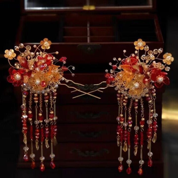 Beth and Brian Qipao-MY Bridal headpiece in Chinese Qun Gua style, glass flower hair accessory set