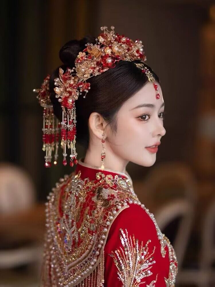 Beth and Brian Qipao-MY Bridal headpiece in Chinese Qun Gua style, glass flower hair accessory set