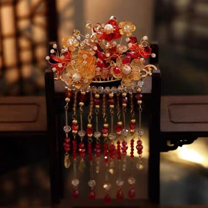 Beth and Brian Qipao-MY Bridal headpiece in Chinese Qun Gua style, glass flower hair accessory set
