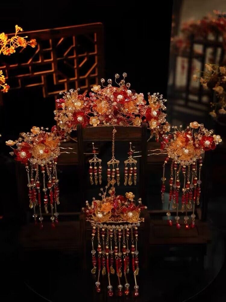 Beth and Brian Qipao-MY Bridal headpiece in Chinese Qun Gua style, glass flower hair accessory set