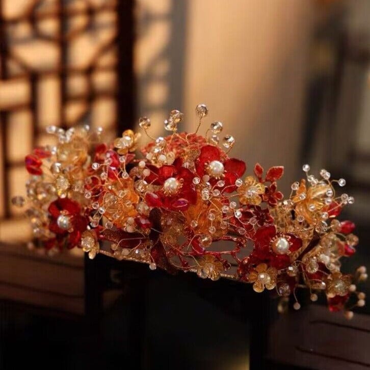 Beth and Brian Qipao-MY Bridal headpiece in Chinese Qun Gua style, glass flower hair accessory set