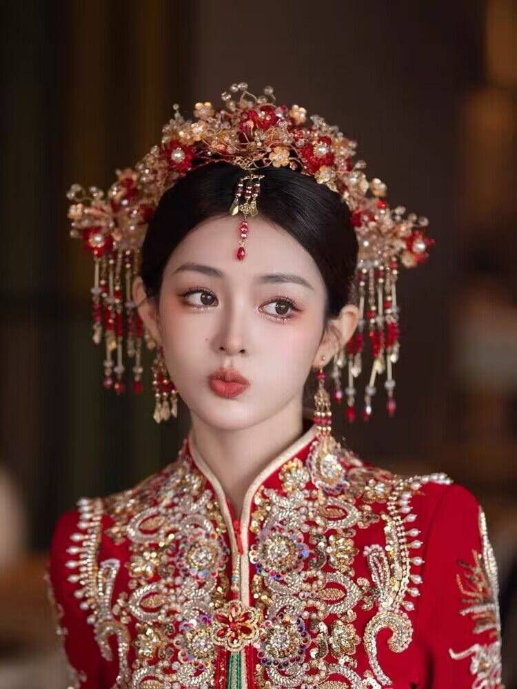 Beth and Brian Qipao-MY Bridal headpiece in Chinese Qun Gua style, glass flower hair accessory set