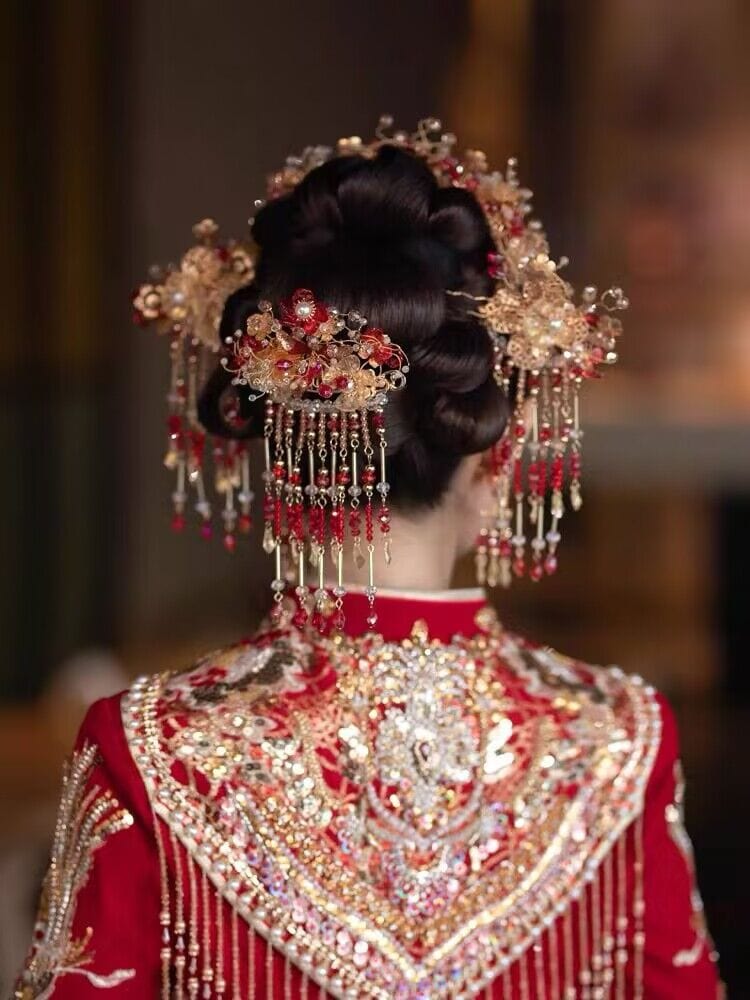 Beth and Brian Qipao-MY Bridal headpiece in Chinese Qun Gua style, glass flower hair accessory set