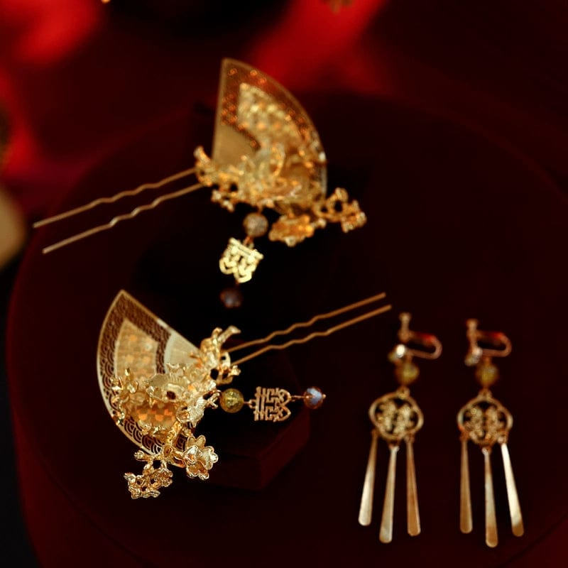 Beth and Brian Qipao-MY Bridal headpiece with gold small fan, tassel earrings, and hair accessory set