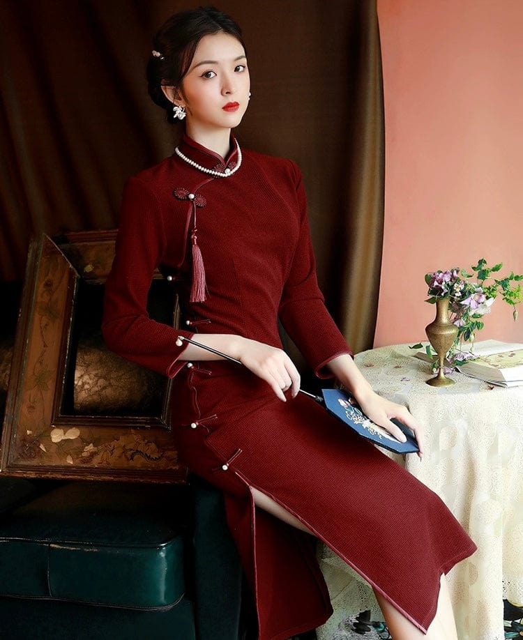 Beth and Brian Qipao - JLM Winter collection, Cashmere wool mid-length thick Qipao