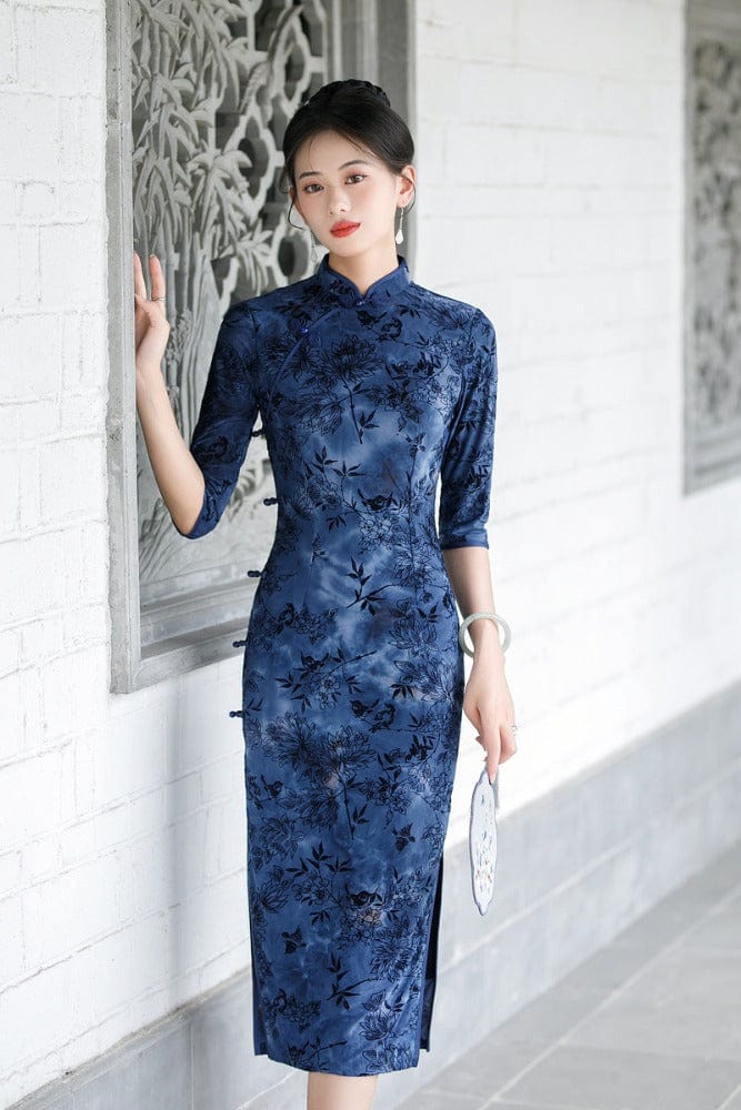 Beth and Brian Qipao-YS Chinese retro style, velvet fabric midi Cheongsam