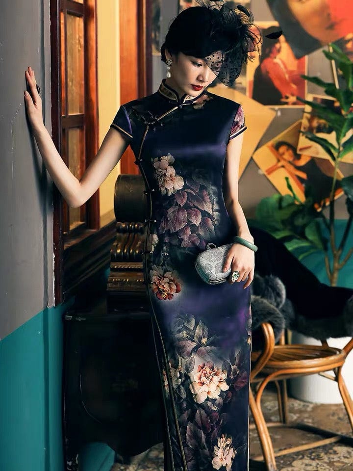 Beth and Brian Qipao-TL 19 mome mulberry silk , Floral pattern, High-end longQipao