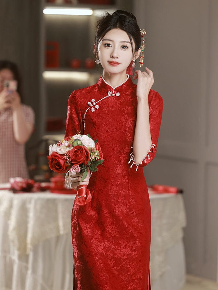Wedding red Cheongsam, lace red Qipao, lace Cheongsam, midi Cheongsam ...
