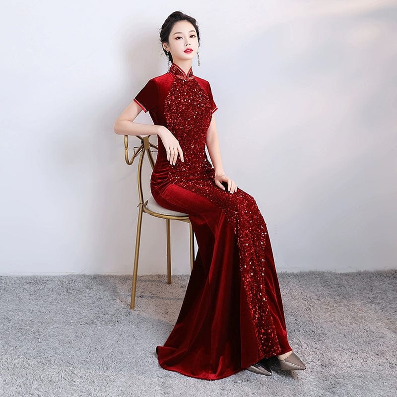 Beth and Brian Qipao-BS Modern style, velvet fabric, mermaid fishtail Cheongsam