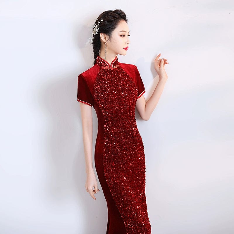 Beth and Brian Qipao-BS Modern style, velvet fabric, mermaid fishtail Cheongsam