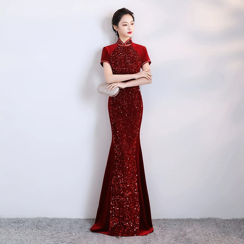 Beth and Brian Qipao-BS Modern style, velvet fabric, mermaid fishtail Cheongsam