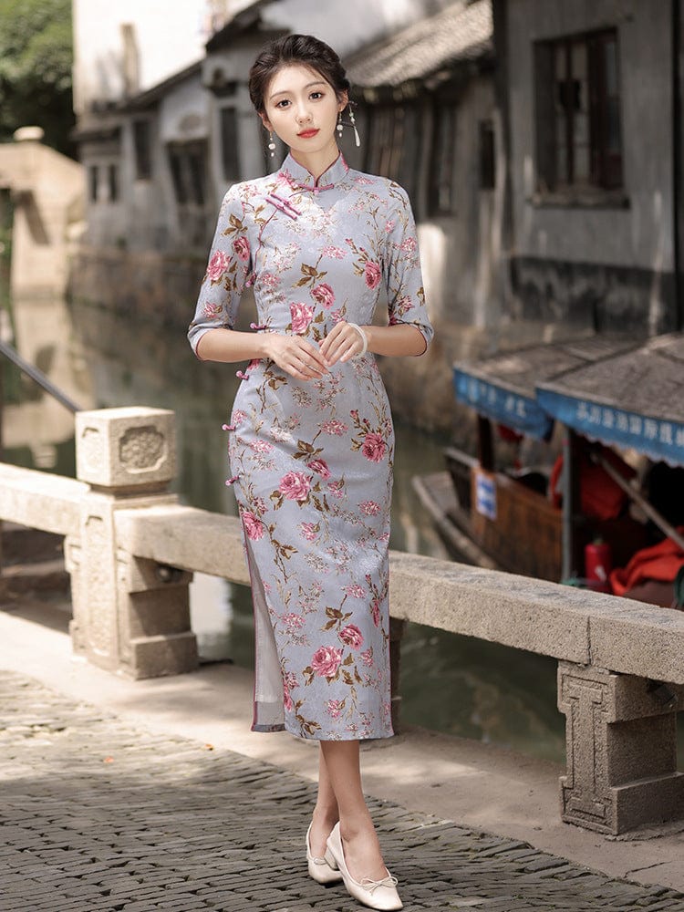 Beth and Brian Qipao-HY Floral print, grey long Qipao with elbow sleeves