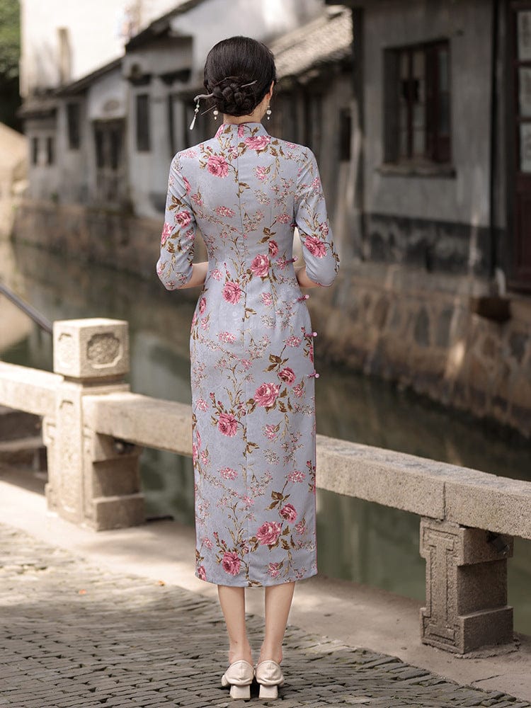 Beth and Brian Qipao-HY Floral print, grey long Qipao with elbow sleeves