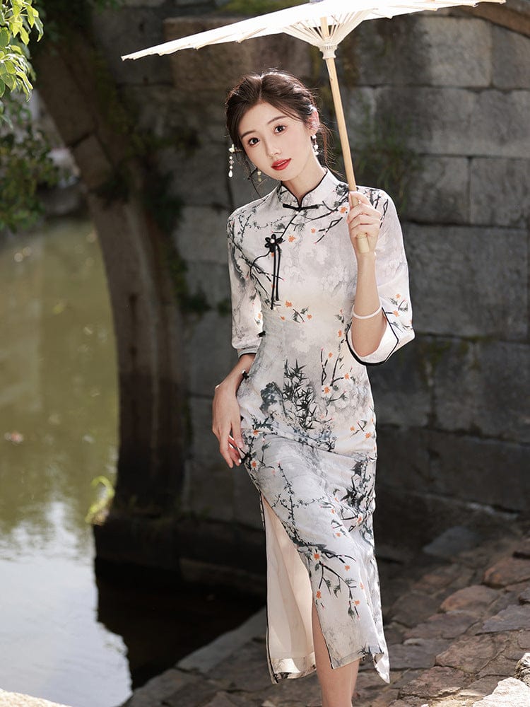 Beth and Brian Qipao-HY Floral print, long Cheongsam with elbow sleeves