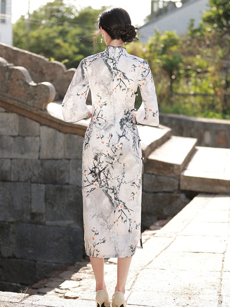 Beth and Brian Qipao-HY Floral print, long Cheongsam with elbow sleeves