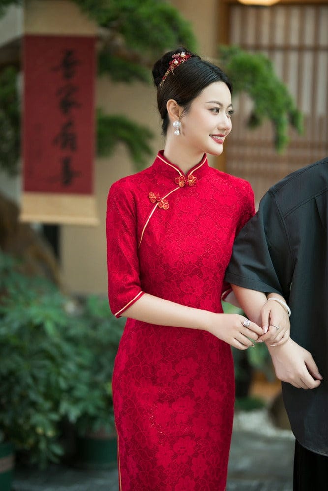 Beth and Brian Qipao-MYJ Floral pattern, lace fabric, red long Cheongsam