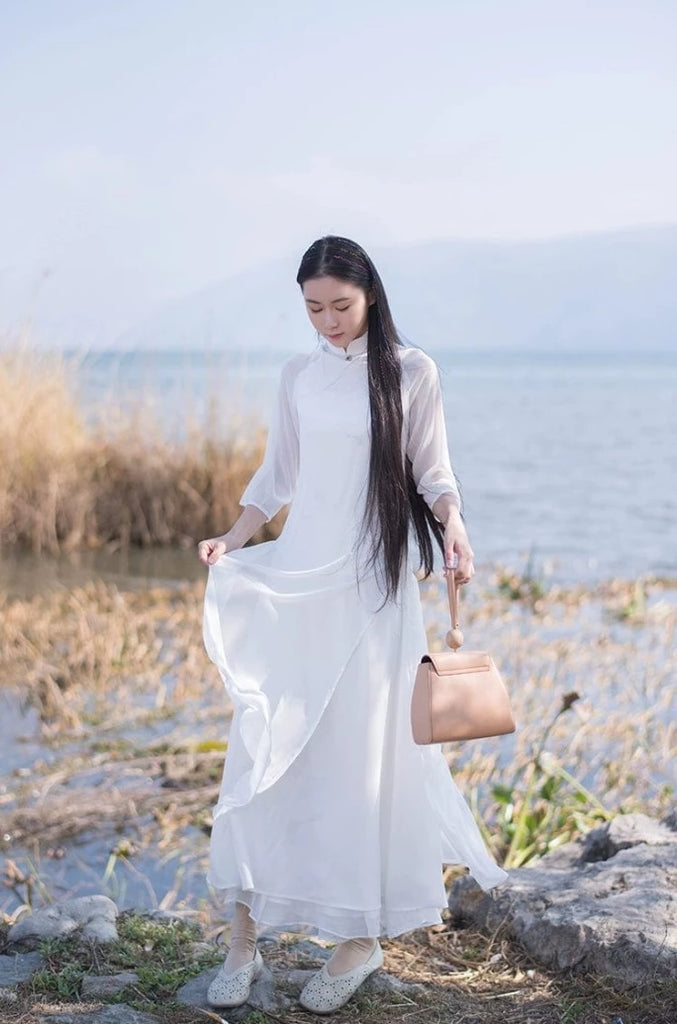 Beth and Brian Qipao-SM Plain pattern, chiffon fabric, white long Ao dai(2天发货）