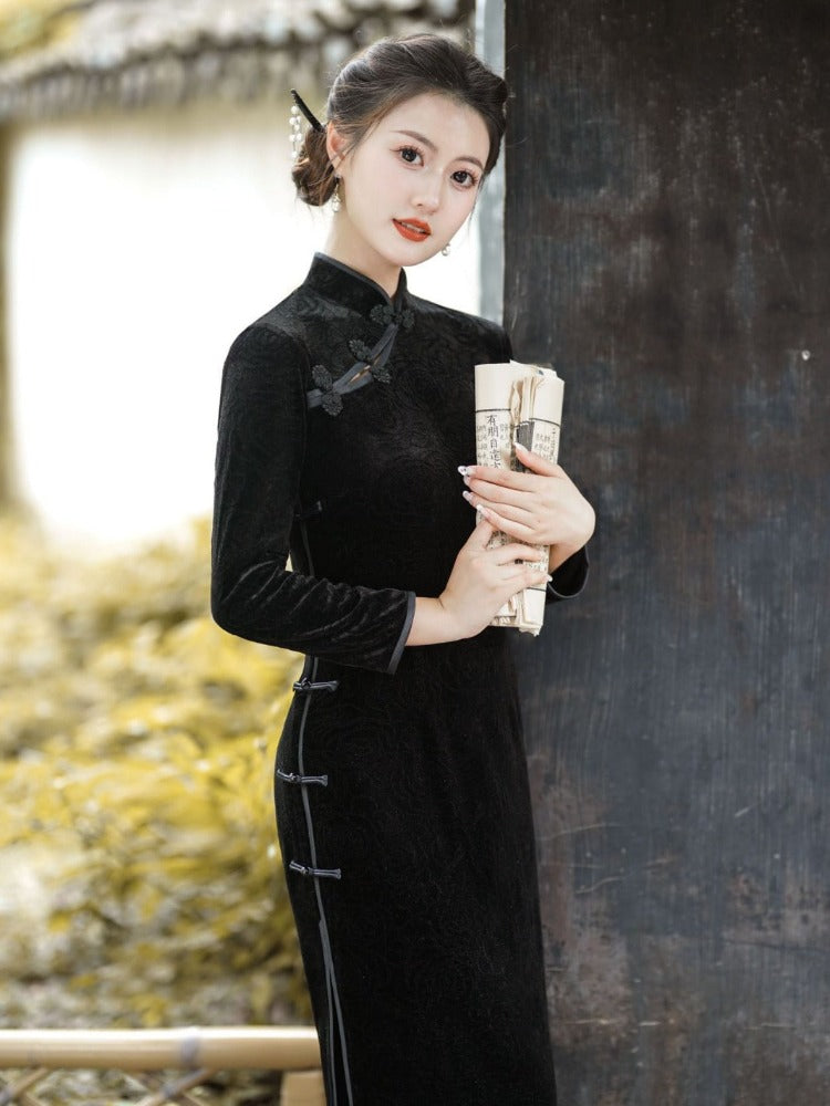Beth and Brian Qipao-RZY Chinese classic style, velvet fabric long Cheongsam