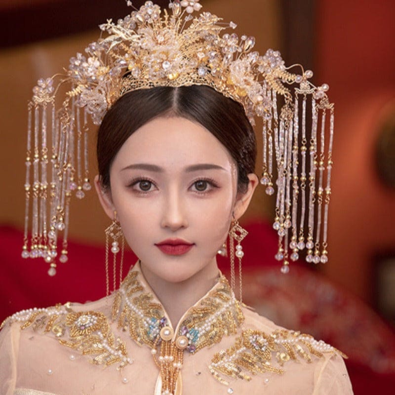 Beth and Brian Qipao-CY Handmade, traditional Chinese bridal tassel hair Crown & Earrings