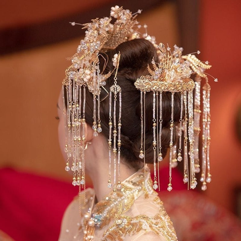 Beth and Brian Qipao-CY Handmade, traditional Chinese bridal tassel hair Crown & Earrings