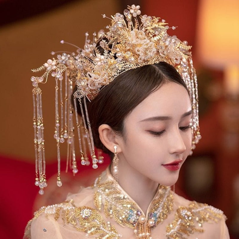 Beth and Brian Qipao-CY Handmade, traditional Chinese bridal tassel hair Crown & Earrings