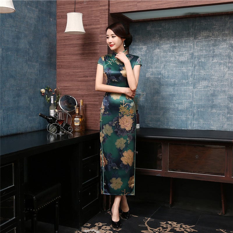 Beth and Brian Qipao-WJ Chinese retro style, floral pattern, plus size long Cheongsam