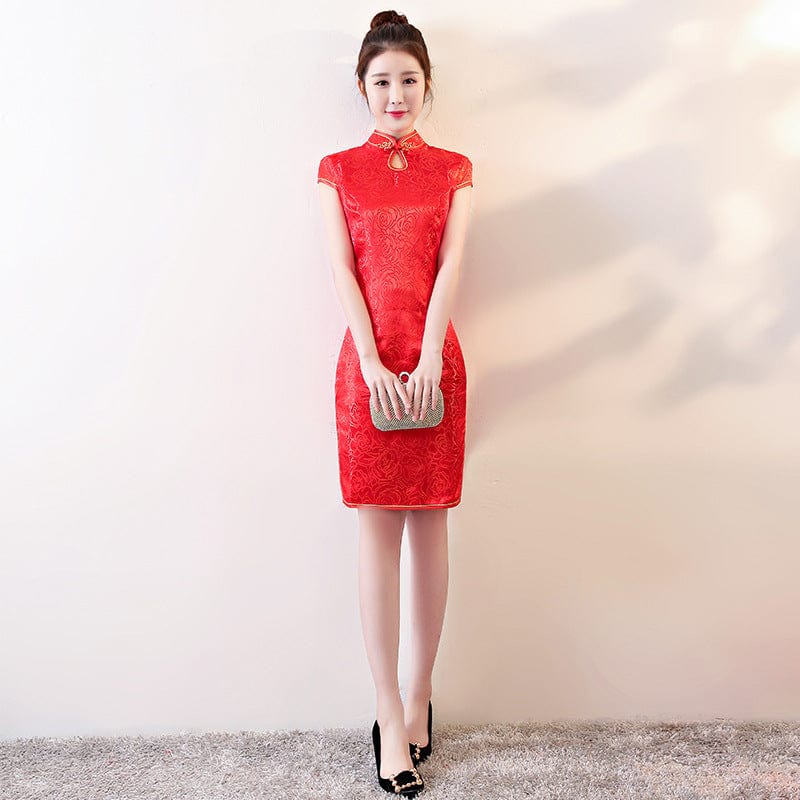 Beth and Brian Qipao-JSYZ Floral pattern, red plus size long Cheongsam