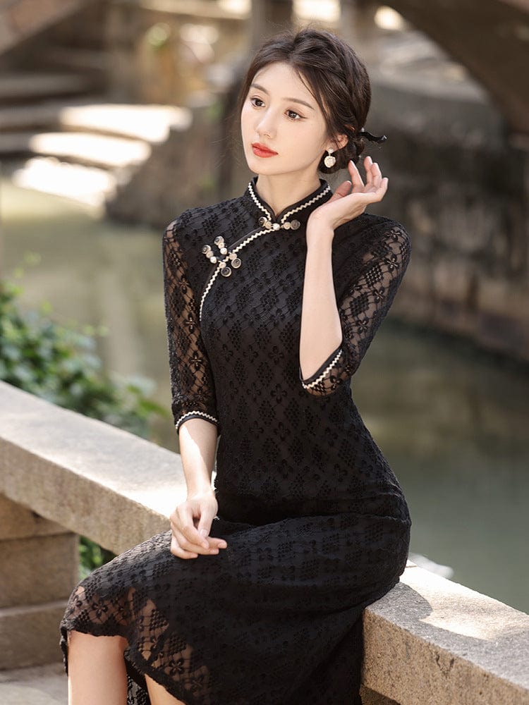 Beth and Brian Qipao-HY Spring collection, floral pattern mid-length Ao dai