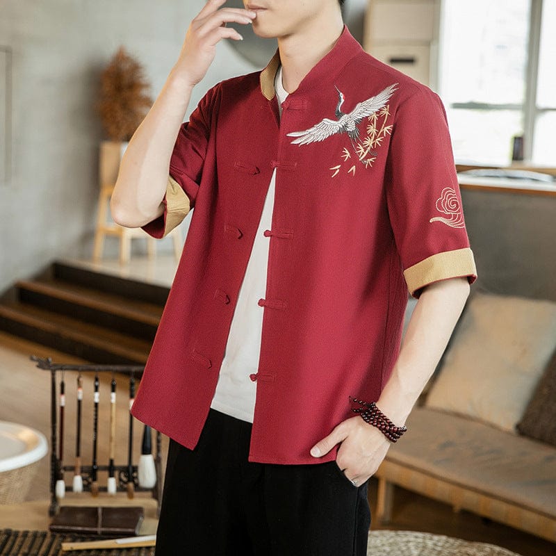 Beth and Brian Qipao-TS Crane embroidery, linen fabric, Chinese Tang Suit shirt