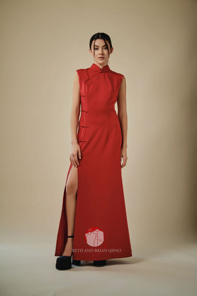 Beth and Brian Qipao-Exclusivedesigner Exclusive designer collection, sleeveless, red satin floor length Qipao