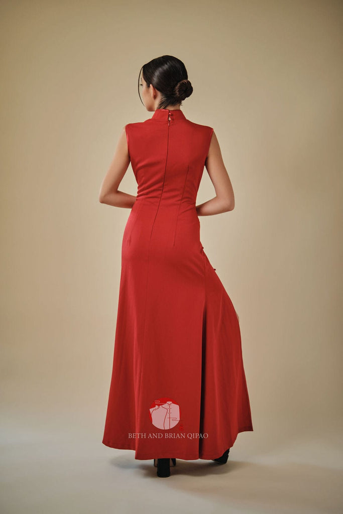 Beth and Brian Qipao-Exclusivedesigner Exclusive designer collection, sleeveless, red satin floor length Qipao