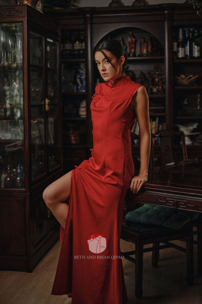 Beth and Brian Qipao-Exclusivedesigner Exclusive designer collection, sleeveless, red satin floor length Qipao