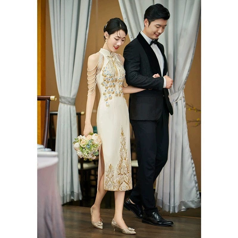 Beth and Brian Qipao-XJ Peacock embroidery, high-end champagne Qipao