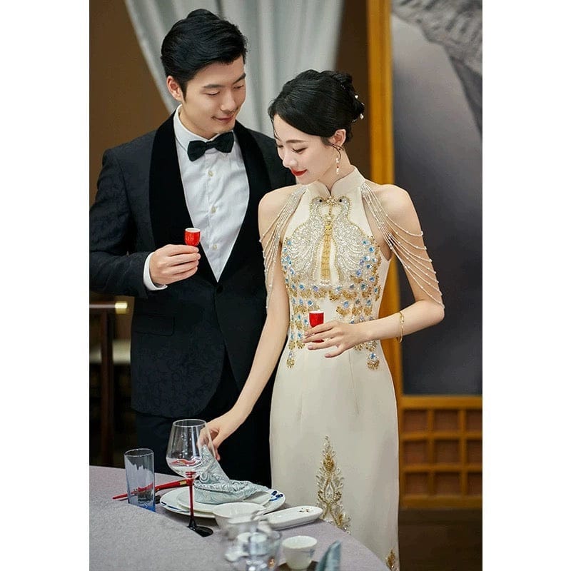 Beth and Brian Qipao-XJ Peacock embroidery, high-end champagne Qipao