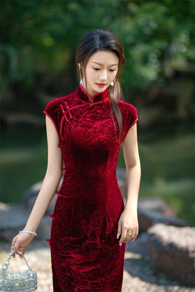 Beth and Brian Qipao-SYK Chinese classic style, velvet fabric long Cheongsam