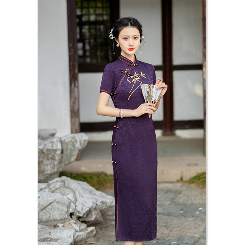 Beth and Brian Qipao-SYK Chinese retro style, purple long Cheongsam