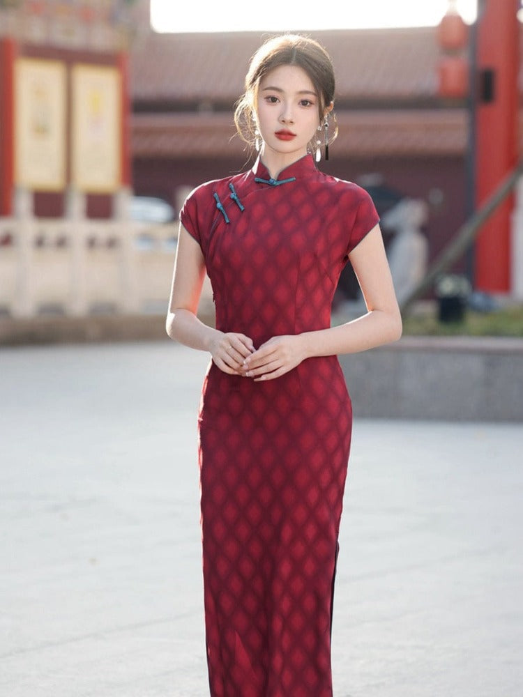 Beth and Brian Qipao-YG Chinese retro style, artificial silk long Cheongsam with cap sleeves