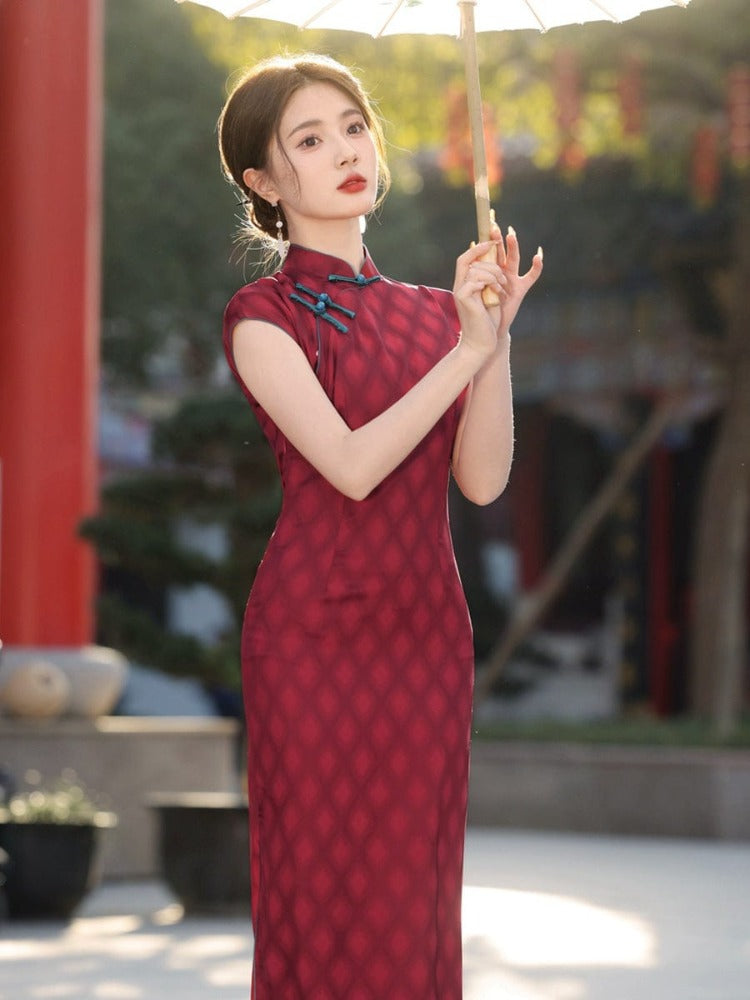 Beth and Brian Qipao-YG Chinese retro style, artificial silk long Cheongsam with cap sleeves