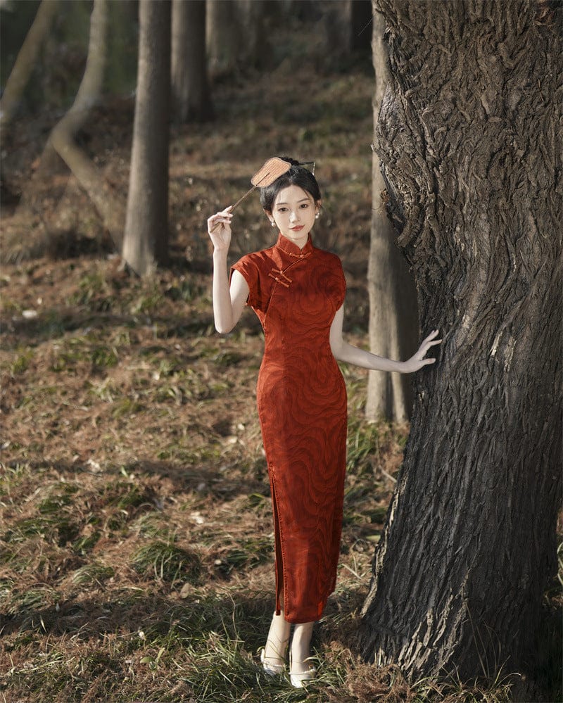 Beth and Brian Qipao-SYK Summer collection, orange-red&navy blue long Cheongsam