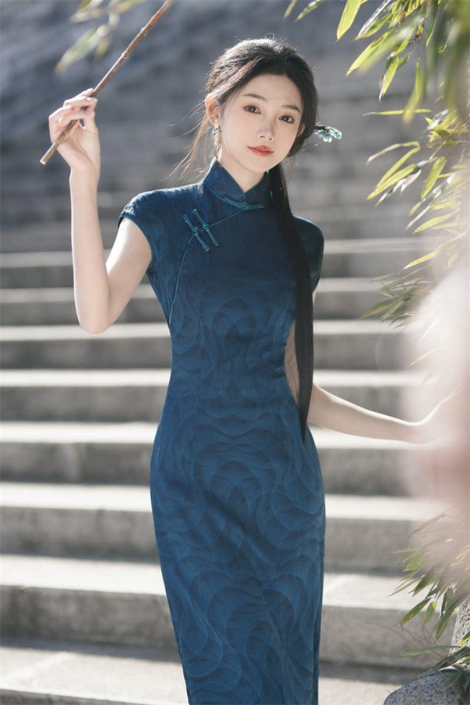 Beth and Brian Qipao-SYK Summer collection, orange-red&navy blue long Cheongsam