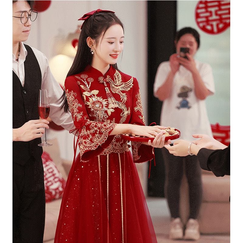 Beth and Brian Qipao-BM Floral embroidery, burgandy wedding long Cheongsam